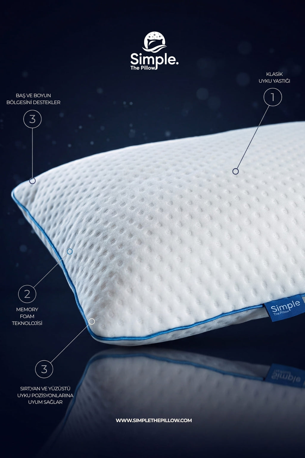 Visco Ortopedik Klasik Uyku Yastığı Memory Foam Hafızalı Yastık 60x40x15 cm