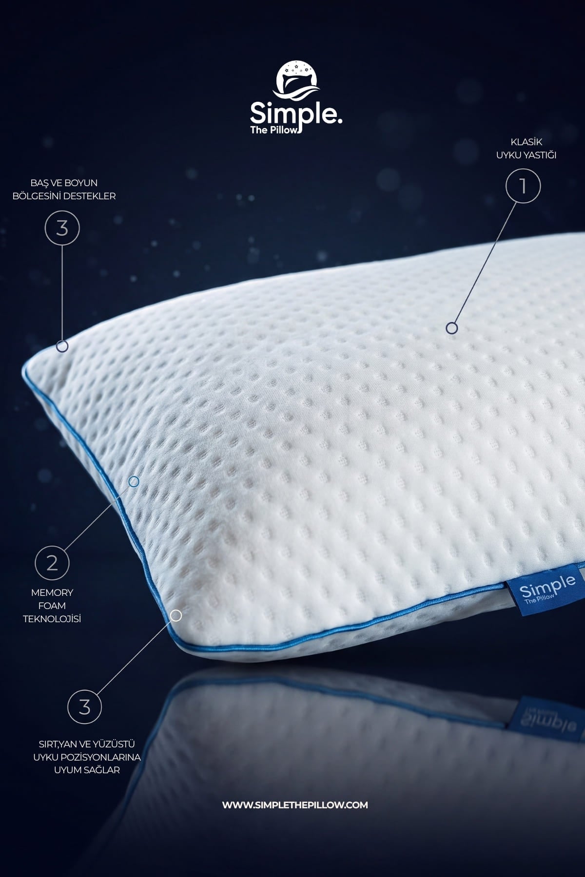 Visco Ortopedik Klasik Uyku Yastığı Memory Foam Hafızalı Yastık 60x40x15 cm