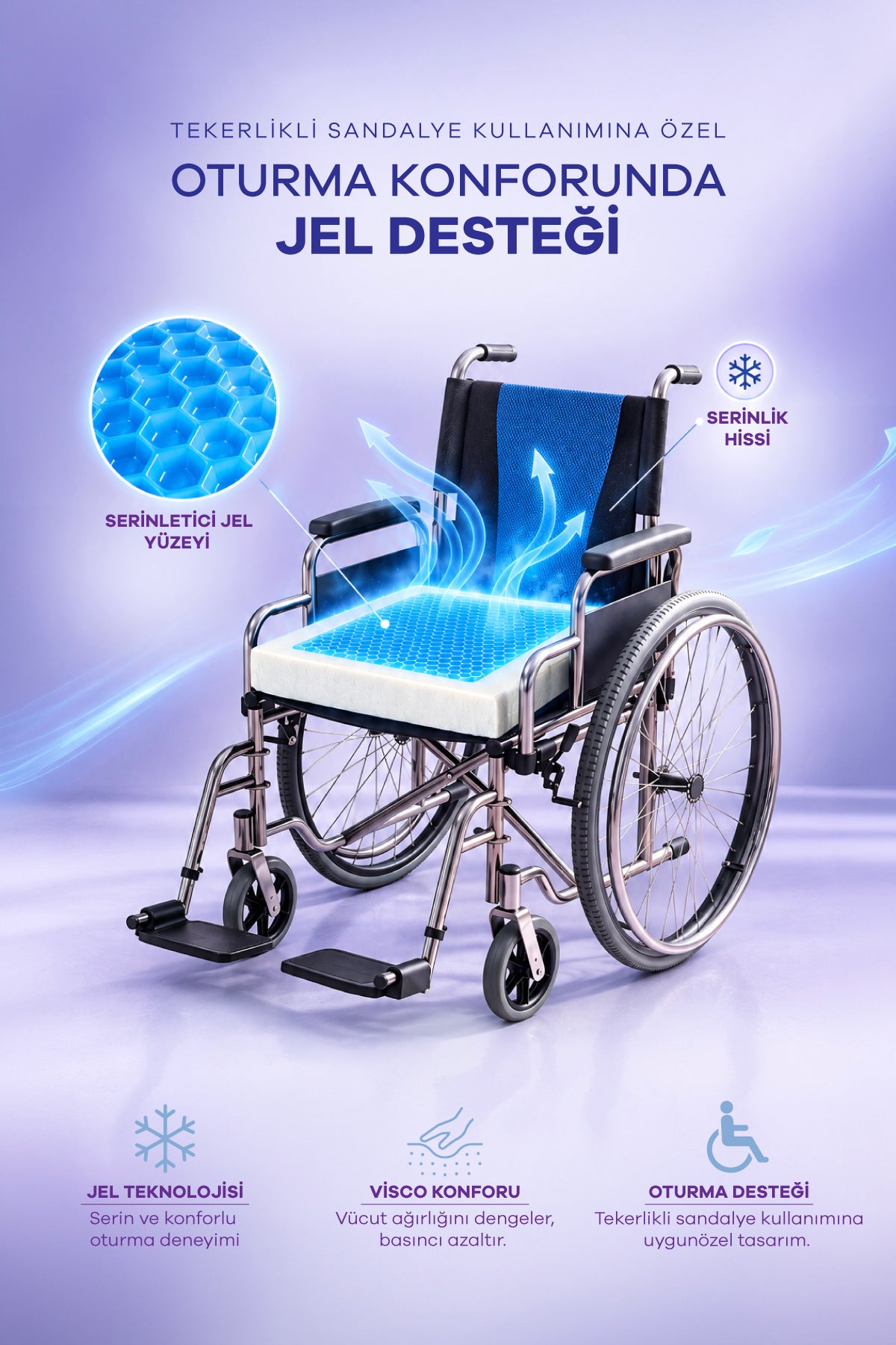 Jelli Serinletici Tekerlekli Sandalye Minderi | Visco Ortopedik Oturma Destek Minderi | 45x43×7 cm